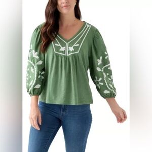Wonderly Women's 3/4 Sleeve Embroidered Knit Woven Top